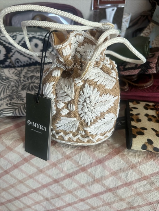Myra Bag Handbags - Myra Bag Natural & White Embroidered Drawstring Mini Bucket Bag
